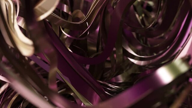 Abstract 3D animation featuring a chaotic swirl of metallic ribbons in a mix of rose gold and deep purple, against a dark background, emphasizing fluidity and movement