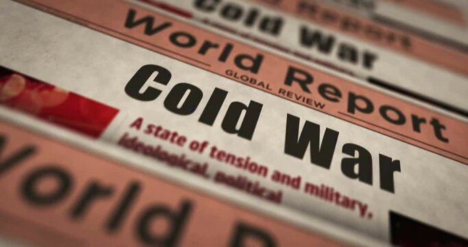 Cold war and arms race political conflict daily news newspaper printing. Abstract concept retro headlines 3d seamless looped.
