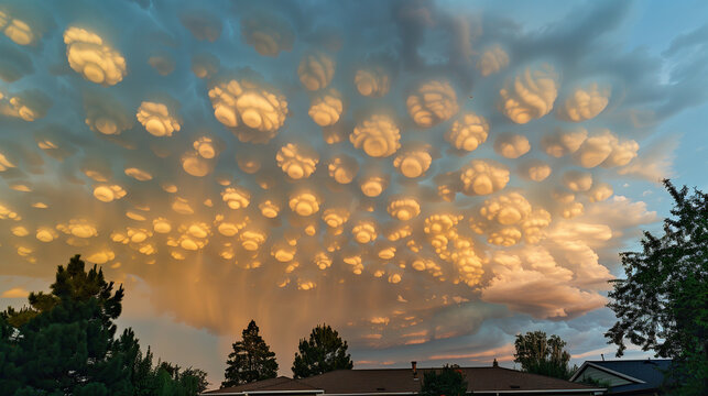 a stunning visual spectacle of rare mammatus clouds, lit by calming hues of setting sun. These bubble-like formations vary enchantingly against warm colors of sunset sky, creating a dramatic scenic po