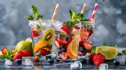 Summer refreshing fruit drinks with ice on a grey background