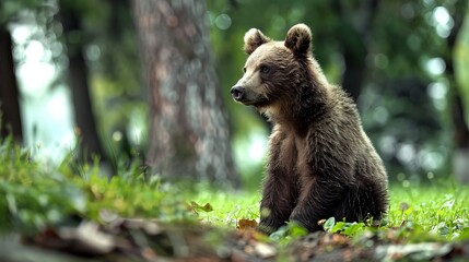Fototapeta premium Young Brown Bear Cub Exploring the Forest Alone