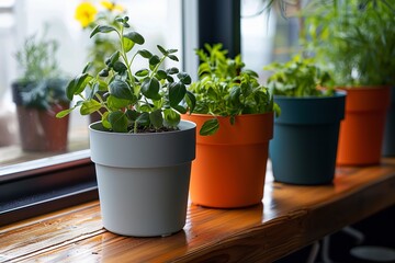 Array of Potted Herbs on a Sunny Window Sill