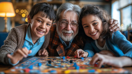 Board Game Marathon: Grandparents and grandchildren gathered around a table, engaged in a lively board game competition, with smiles, laughter, and friendly banter filling the room