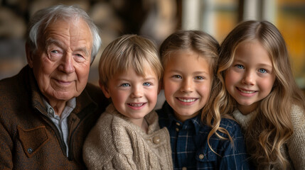Family Portrait: A beautiful family portrait capturing the love and bond between grandparents and grandchildren, with beaming smiles and joyful expressions that reflect the warmth