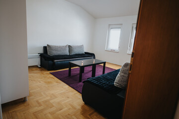 Modern and inviting living room featuring a black leather sofa, wooden coffee table, and a vibrant purple rug. This image portrays a contemporary interior with minimalistic design.