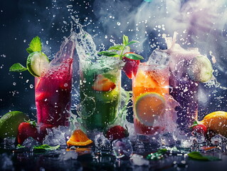 Beautiful and appetizing cocktails on a black background. Green, red and yellow cocktail