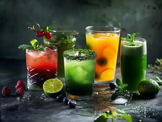 Beautiful and appetizing cocktails on a black background. Green, red and yellow cocktail