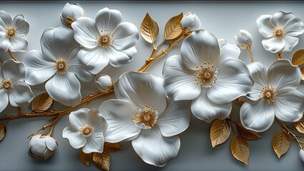 Stunning 3D relief showcases ivory white marble flowers on a tree with golden leaves and branches against a white background. Perfect for wall art, backdrops, wallpapers, and illustrations.