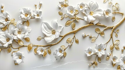 Stunning 3D relief showcases ivory white marble flowers on a tree with golden leaves and branches against a white background. Perfect for wall art, backdrops, wallpapers, and illustrations.