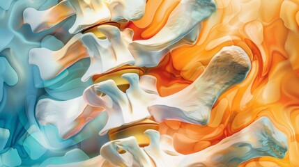 Close-up medical illustration of the spine showing areas affected by back pain, detailed view