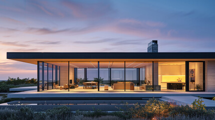 A contemporary American home with a minimalist aesthetic, featuring clean lines, flat roofs, and expansive glass walls.