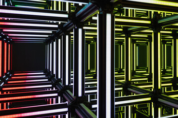 Fototapeta premium Futuristic neon red yellow white light cube art installation. Technology cyber cube, Sci fi shape. Abstract conceptual background with colorful neon cubes.