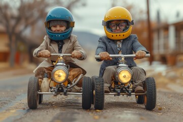 Obraz premium Children wearing colorful helmets compete in a playful go-kart race down a suburban street