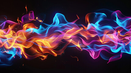 A conceptual representation of fire as a source of energy, with neon-colored flames pulsating against the black background. 