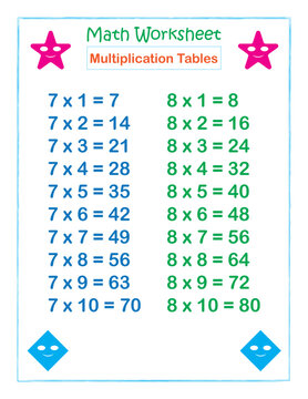Math worksheet Multiplication Tables 7 & 8