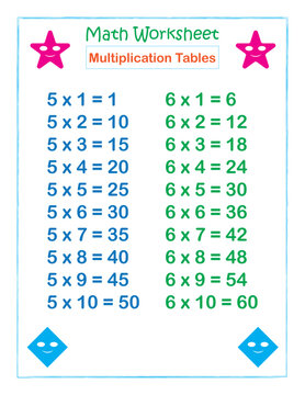 Math worksheet Multiplication Tables 5 & 6