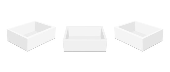 Paper Tray Boxes, Empty Mockup, Front, Side View, Isolated On White Background. Vector Illustration