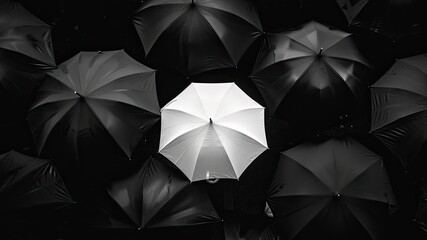 White umbrellas amidst black, a unique concept. Cinema photography in ultra-high resolution.