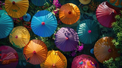 Experience the vibrant spectacle of colorful umbrellas from a top view, perfect for cinema photography with ultra-high resolution capturing rain and sunshine.