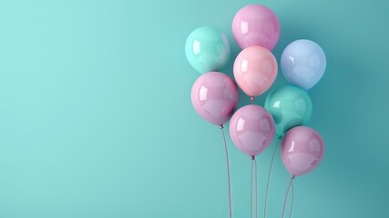 Explore the whimsical charm of colorful balloons against a soft pastel blue background with ample copy space. 3D render illustration perfect for backdrops and creative projects.