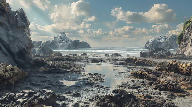 Discovering Treasures: Remote Beachscape with Rocky Outcrops and Tide Pools