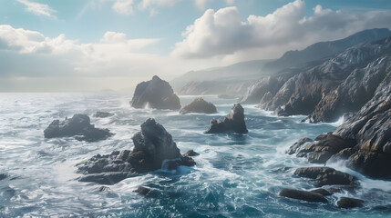 Relentless Coastline: Rugged Landscape with Sea Stacks Shaped by Ocean's Embrace - Powered by Adobe