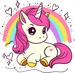Cute cartoon unicorn with rainbow background. Vector illustration of an animal with stars and hearts. Hand drawn art
