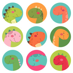A collection of chip avatars with dinosaurs, funny dinosaur avatars in a cartoon flat style. Vector isolates.