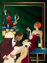 Jazz musicians, singer and dancers on a universal background. Double bass, saxophone, drum. Musicians play musical instruments