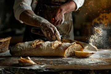 artisan baker skillfully slicing a rustic baguette capturing the essence of fresh handcrafted bread food photography