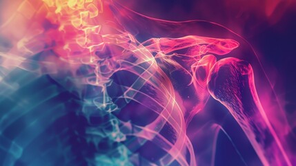 Fototapeta premium Digital artwork depicting the process of a shoulder X-ray for chronic pain, vibrant tones, close-up