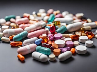 vitamins, and a variety of medicines, scattered across a surface, representing healthcare and medication diversity.