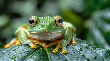 Obraz premium Green Tree Frog sitting on a studio leaf
