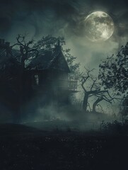 Haunting Abandoned House Under Eerie Moonlight in Fog Shrouded Landscape