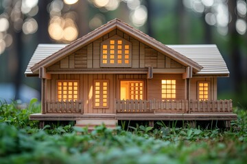 Layout of a wooden house on grass, construction and design of houses