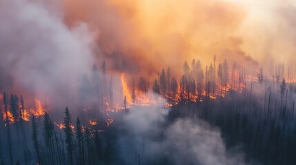 Large-scale forest fire aerial view. Huge fire in the woods. Natural disaster. Forest on fire, burning trees
