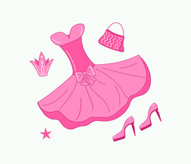 Pink fashion party set. Set of doll accessories and clothes for the princess. Ball gown, shoes, bag, crown. Vector illustration, isolated background.