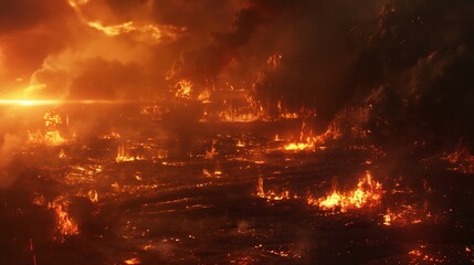 Big fire. Forest or land fire, or fire in the field. Fire occupies the entire background. Burnt down land and trees. Natural disasters.