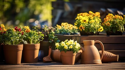 Fototapeta na wymiar A Gardener's Tool Set with Flowerpots in a Sunny