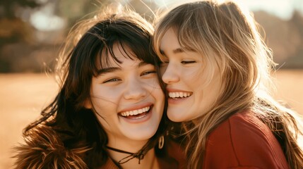 Fototapeta premium Two young happy women hugging each other tightly in a grassy field