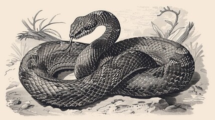 Vintage Hand-Engraved Snake Illustration: A Stunning Depiction of a Predatory Reptile