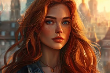 Beautiful girl with long red hair and blue eyes, against the background of an ancient city in bright sunlight, in the style of digital art. She has freckles on her face, wearing a jeans jacket.