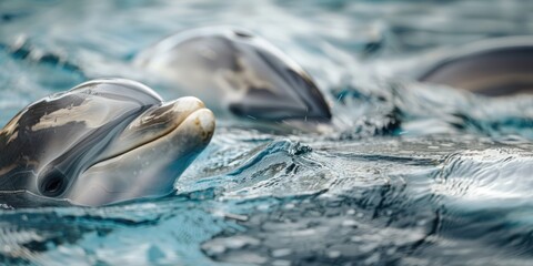 Closeup of dolphins in the water, capturing their playful movements and texture. Banner with copy space.
