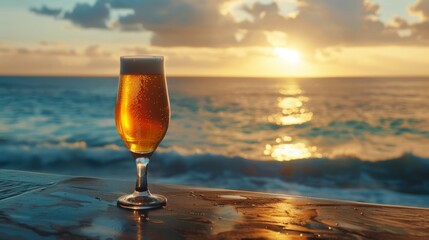 A glass of beer sits on a table next to the ocean