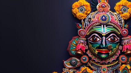 Naklejka premium Joyous Rath Yatra Celebration: Lord Jagannath and Mandala Black Background Banner