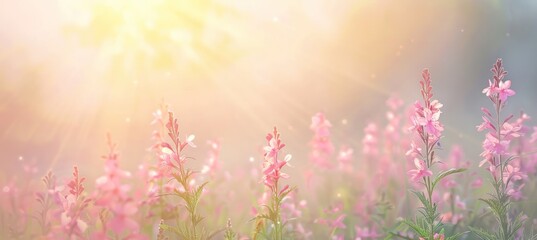 Beautiful meadow with pink flowers at sunrise blurred. Generate AI image