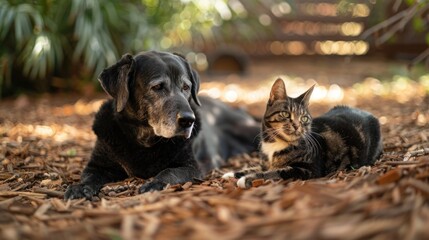 Relaxed Pets in Garden Setting: senior dog and cat, animal friends
