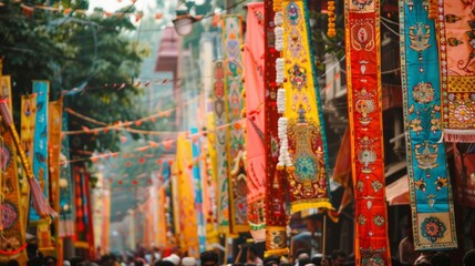 A vibrant display of traditional banners and pennants, showcasing the festive and celebratory atmosphere of the Jagannath Rath Yatra