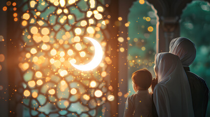 Young muslim family looking at crescent moon in mosque window © Mangata Imagine