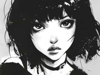 Girl with black hair. Manga drawing style with thick font and black and white background. Simple minimum. Nice